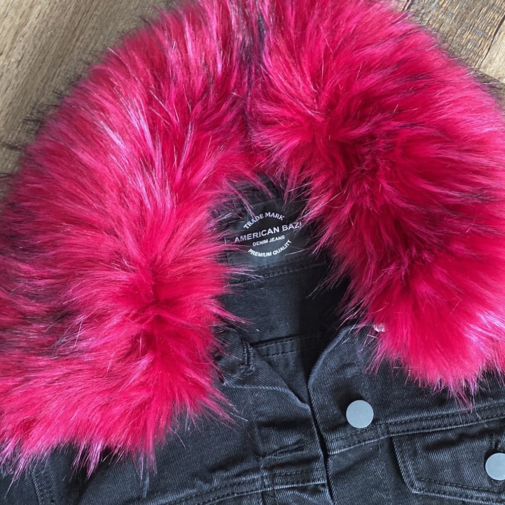 FASHION NOVA Long Distressed Denim Jacket w/ Faux Fur Collar - Picture 3 of 6